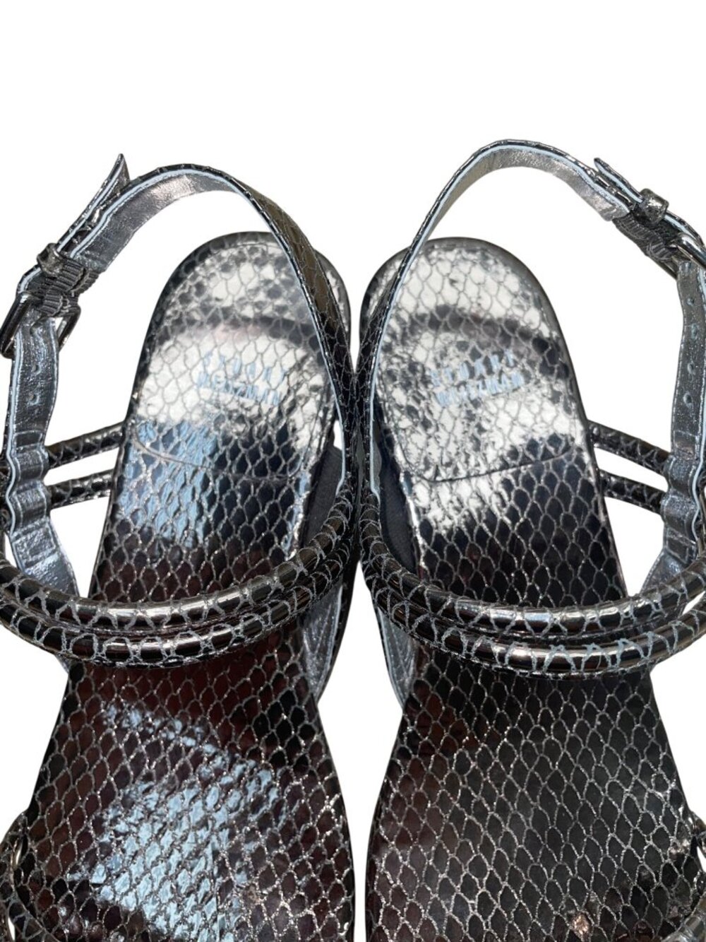 Stuart Weitzman Women’s Silver Snake Print Slingback Wedge Sandals Size 9.5 - Picture 7 of 9